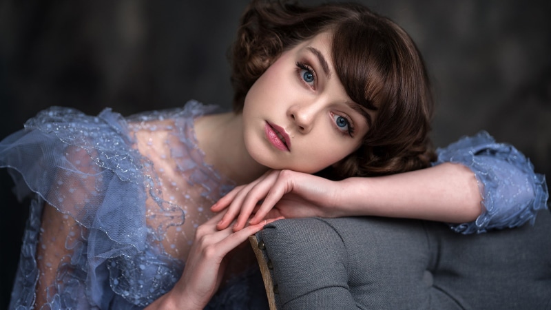 1080P, Olya Pushkina, blue eyes, face, women, portrait