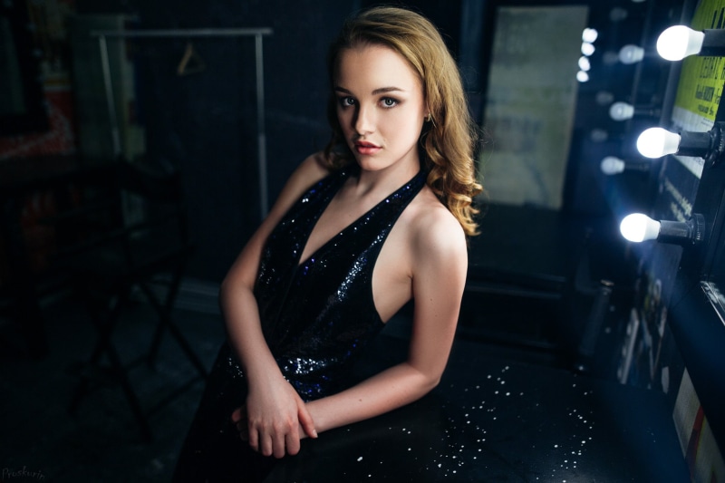 black dress, fashion, Julia Tavrina, blonde, indoors, waist up, beauty, 1080P, lifestyles, clothing, adult, women, hairstyle, evening gown, portrait, beautiful woman