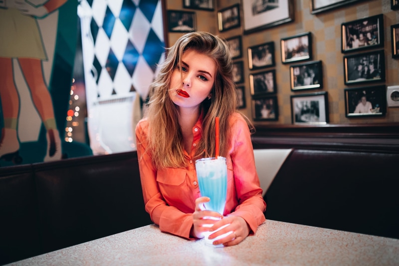 glass, food and drink, drinking, lifestyles, red lipstick, real people, Ivan Proskurin, women indoors, women, shake, indoors, looking at viewer, young adult