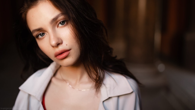 1080P, women indoors, pink lipstick, portrait, indoors, bokeh, necklace, brunette, model, Ivan Proskurin, women, long hair, looking at viewer, closeup