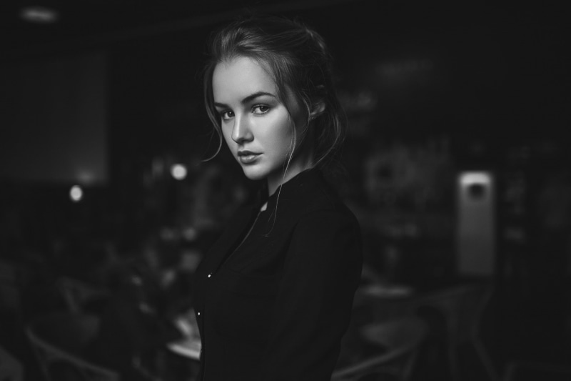 Julia Tavrina, long hair, women, Ivan Proskurin, blonde, monochrome, portrait, depth of field, model, face, 1080P, looking at viewer
