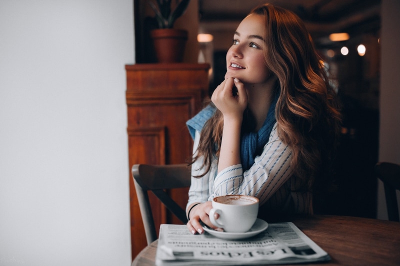 cup, casual clothing, young women, model, auburn hair, sitting, food and drink, coffee, coffee - drink, Julia Tavrina, looking away, women indoors, coffee cup
