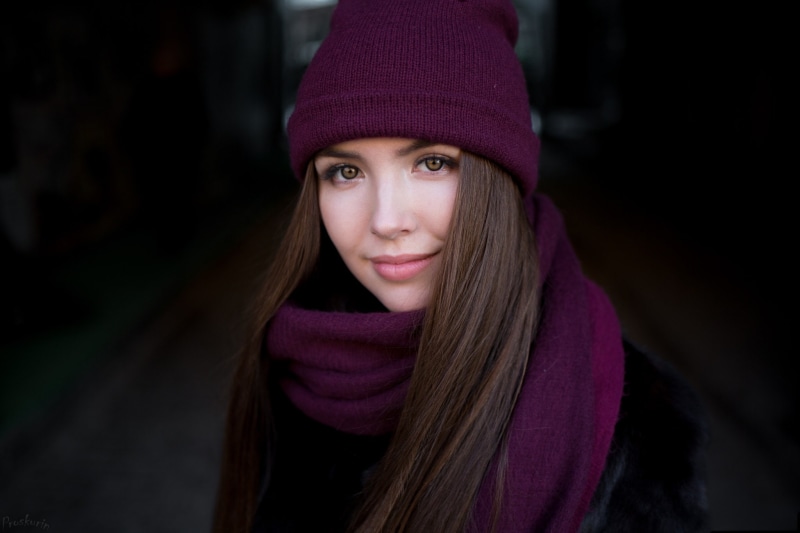 women, looking at viewer, 1080P, Ivan Proskurin, straight hair, portrait, long hair, smiling, Yana Zorina, scarf, face, Yana, brunette