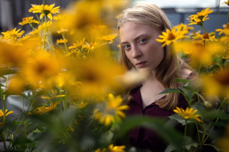 hairstyle, portrait, flower head, freshness, teenager, nature, lifestyles, leisure activity, women, fragility, yellow, selective focus, blond hair, headshot