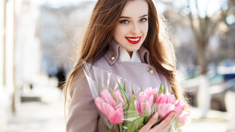 long hair, coats, open mouth, model, overcoats, grey coat, red lipstick, 2K, women outdoors, flowers, bokeh, Ivan Proskurin, glamour, glamour women, looking at viewer