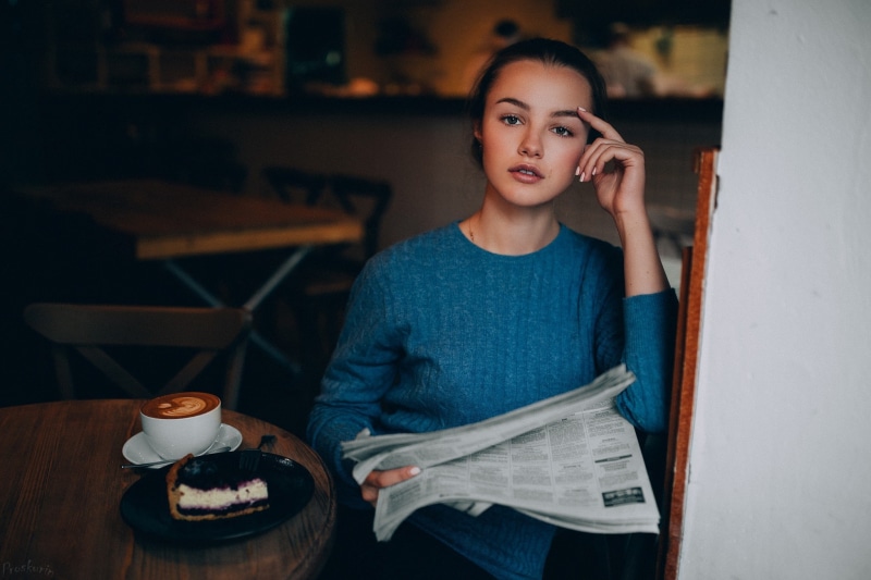 1080P, blue sweater, cafes, touching face, hand on face, caffe, cake, blue clothes, cafeteria, looking at viewer, model, newspapers, Julia Tavrina, open mouth