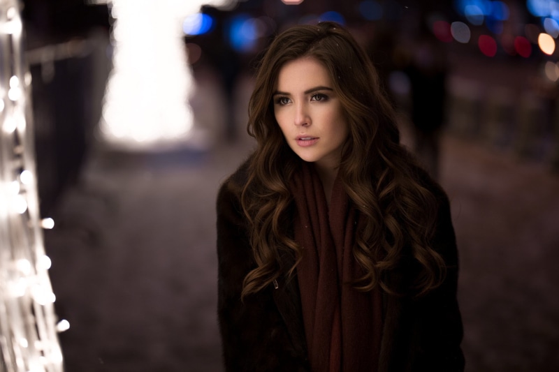 focus on foreground, scarf, one person, adult, bokeh, front view, brown eyes, looking at camera, young women, fur coats, Yana, face, 1080P, open mouth