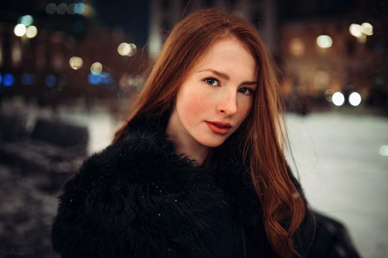 portrait, long hair, freckles, coats, red lipstick, depth of field, Ivan Proskurin, fur coats, redhead, women outdoors, looking at viewer, women, face