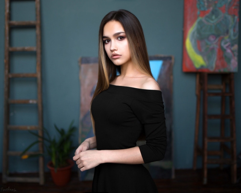 1080P, dress, brown hair, makeup, portrait, beauty, posing, Ivan Proskurin, Anastasia Lis, bokeh, in black, hairstyle