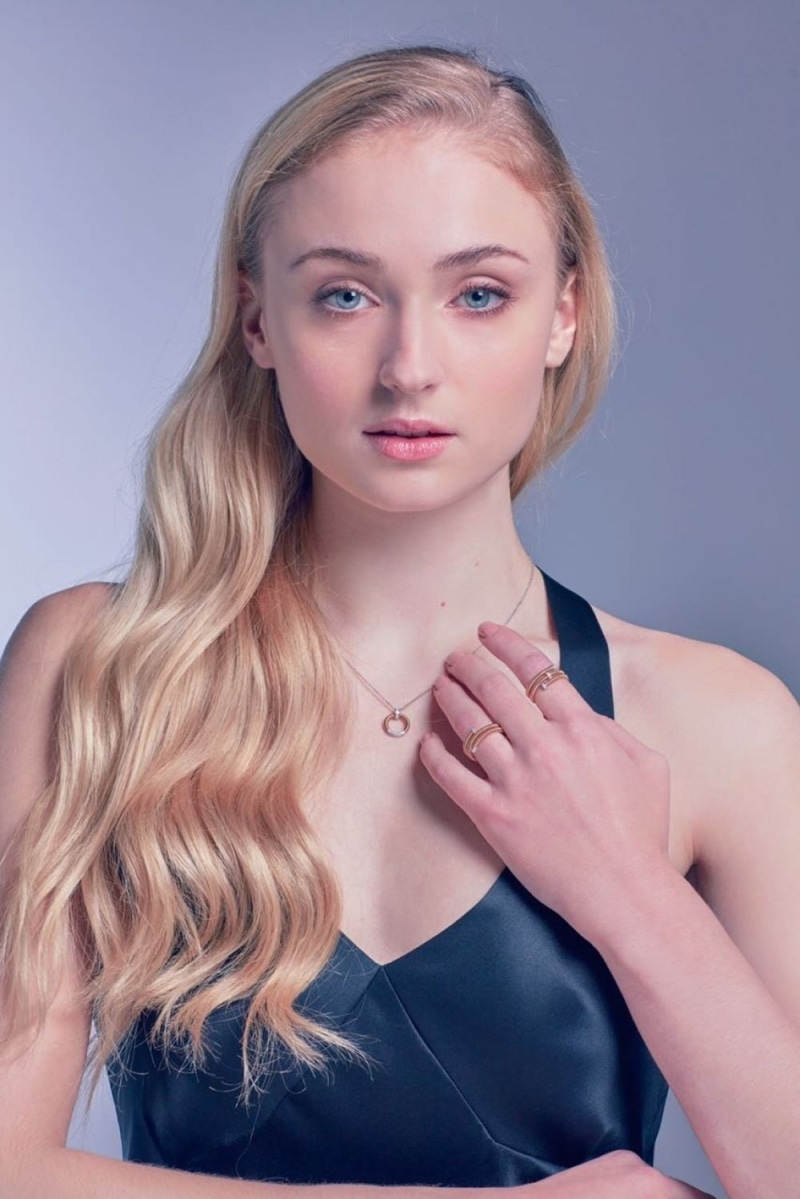 top, blue, young adult, beauty, blond hair, adult, indoors, long hair, pink lipstick, looking at camera, actress, Sophie Turner, women, hairstyle, fashion