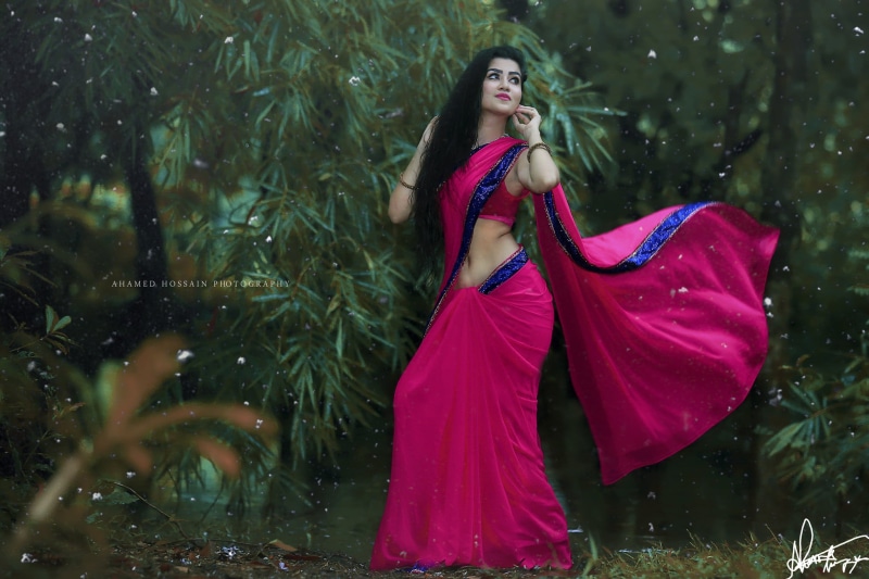 hairstyle, contemplation, Asian, adult, outdoors, saree, Bangladeshian, beautiful woman, rain, model, 1080P, day,  Ahamed Hossain Ninjoy, leisure activity