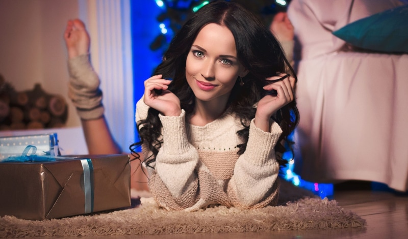 clothing, young adult, indoors, beautiful woman, front view, one person, knitted, adult, Christmas, model, emotion, lifestyles, white, smiling, sweater