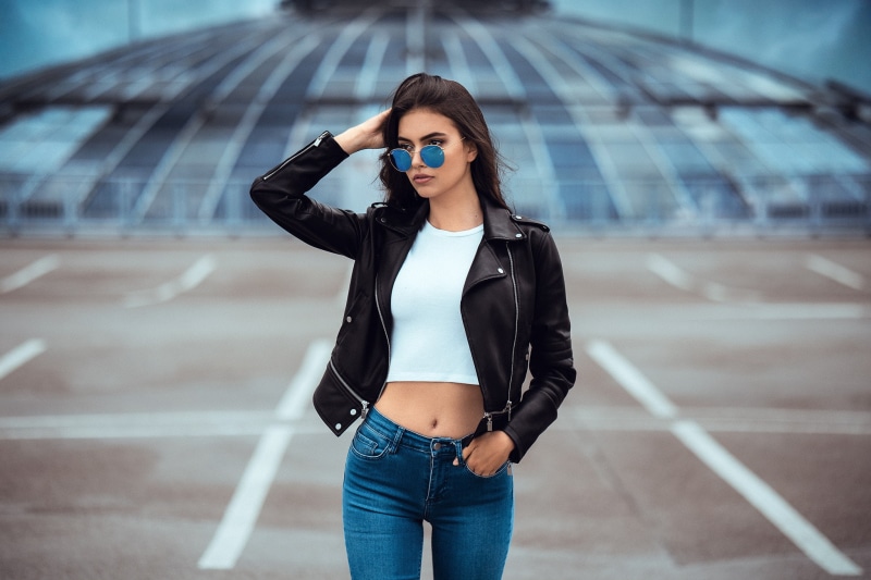 women outdoors, black jackets, leather jackets, portrait, short tops, Anatoli Oskin, women, white tops, belly, Laura Theresa, 1080P, hands in pockets
