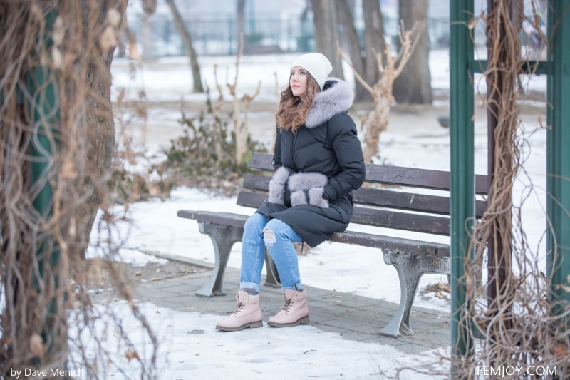 scarf, one person, winter, brunette, leisure activity, 4K, snow, black coat, bench, women outdoors, warm clothing, beautiful woman, looking up, looking away