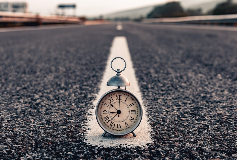 long road, day, alarm, punctuality, instrument of time, 5K, time, clock face, architecture, close-up, morning, street signs, surface level, shape, illumination