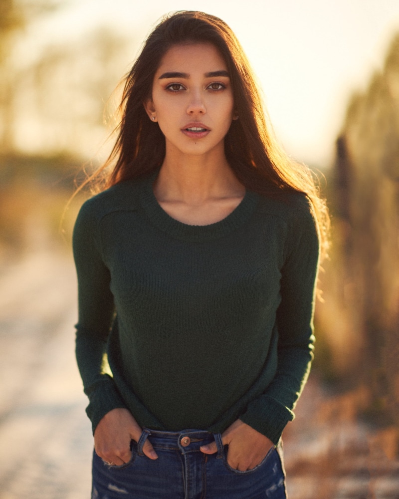 hands in pockets, eyeliner, Bulinko Piotr, straight hair, brunette, long hair, open mouth, green clothing, looking at viewer, jeans, blouse, women, Maja Strojek