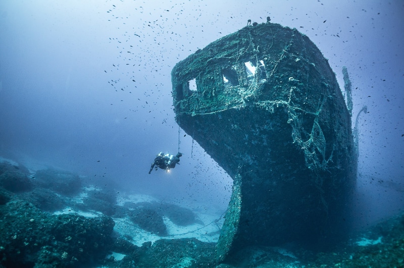 one person, adventure, outdoors, scuba, nature, shipwreck, solid, aquatic sport, reef, the Bay of Koundouros, sea, palau, under water, the diver, wheel steamship PATRIS