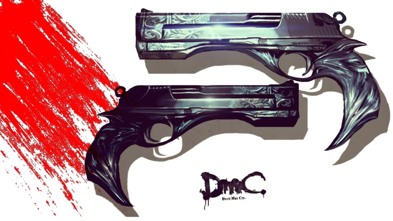 paint, close-up, black, 1080P, creativity, red, automatic, studio shot, weapon, Ebony and Ivory (Devil May Cry), handgun, Devil May Cry, pistol, white background