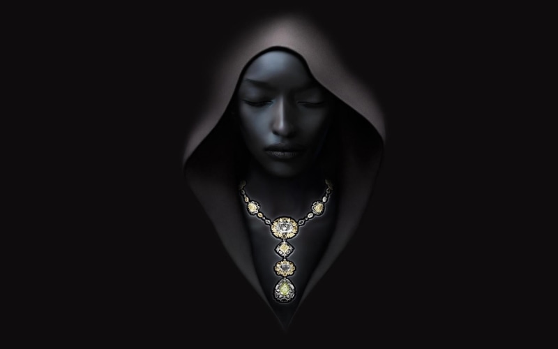 1080P, luxury, artwork, black, eyes closed, front view, jewelry, dark, beauty, looking down, looking, one person, indoors, adult, women, black color, portrait
