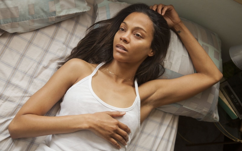 lifestyles, 2K, hair, long hair, three quarter length, Zoe Saldana, women, furniture, lying down, high angle view, in bed, armpits, lying on back, brunette