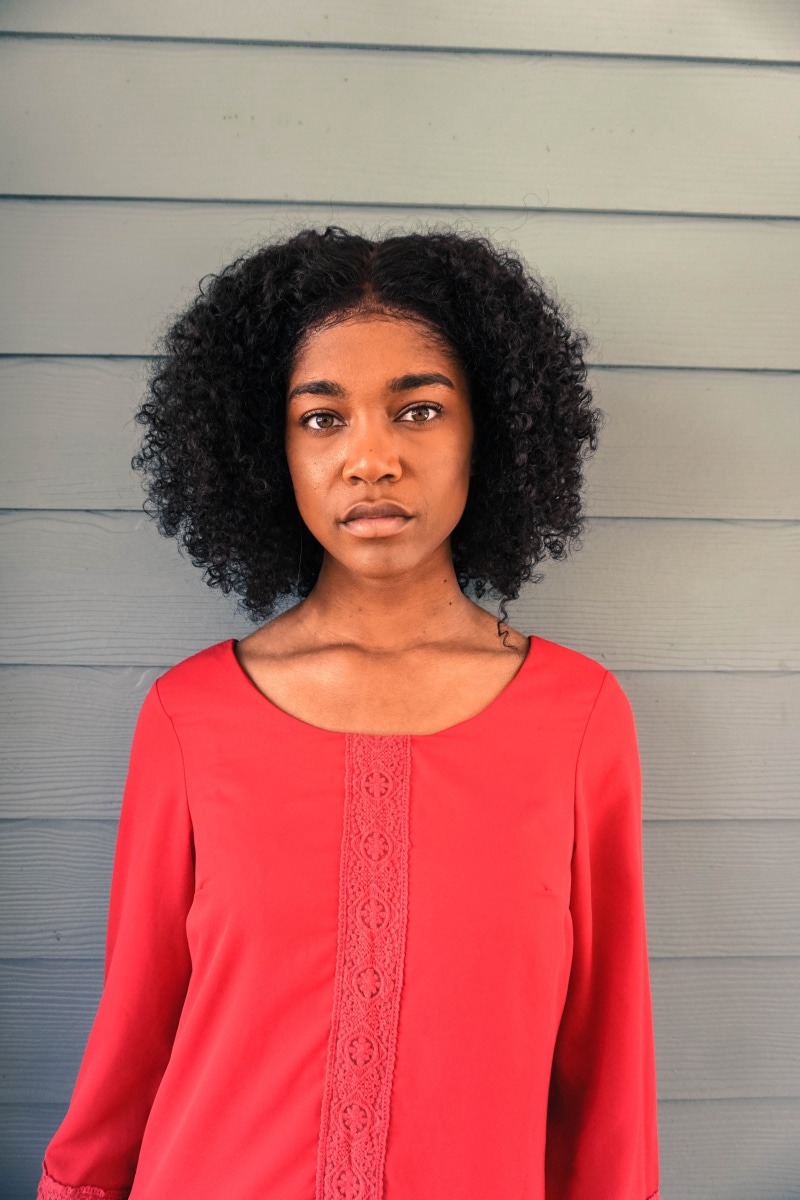 contemplation, woman, wooden, face, leaning, 5K, hairstyle, beautiful woman, african american, black hair, model, mixed girl, zade, hair, blue, young adult