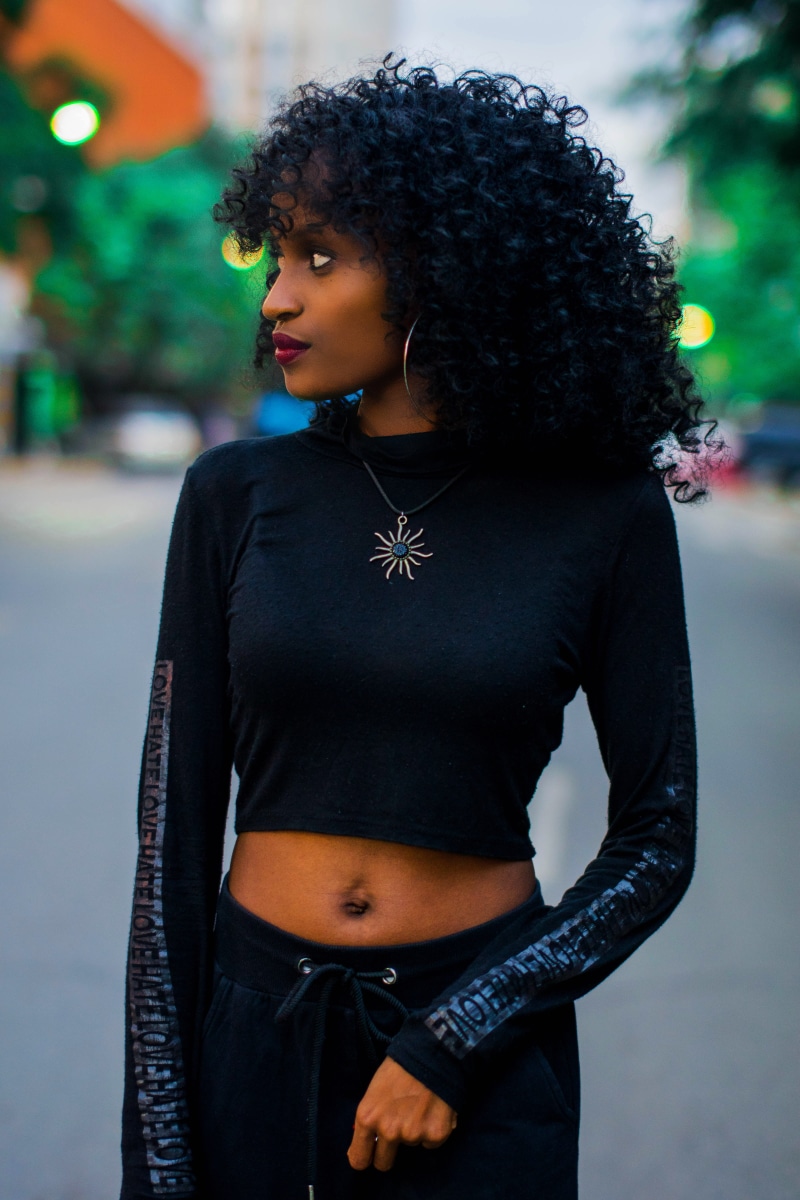 standing, middle, model, black, women, portrait, young adult, curly hair, close, clothing, hair, front view, female, photography, young women, 5K, casual clothing