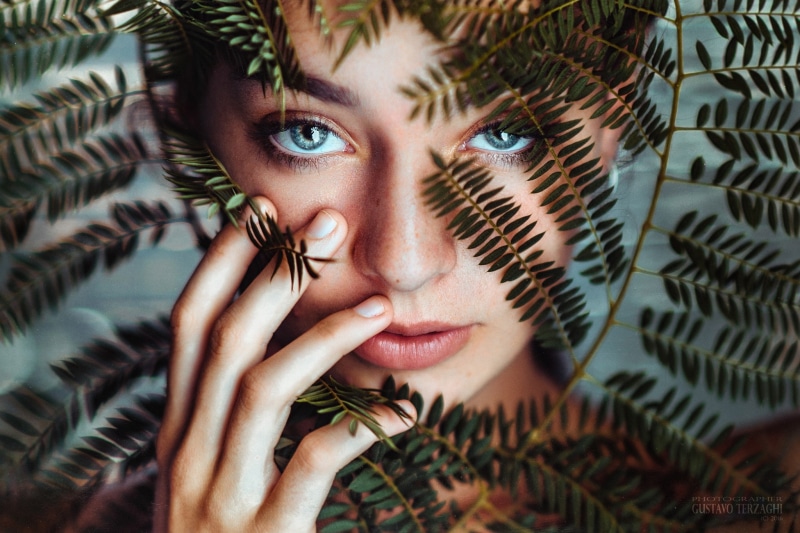 blue eyes, plants, women, Gustavo Terzaghi, 1080P, closeup, face