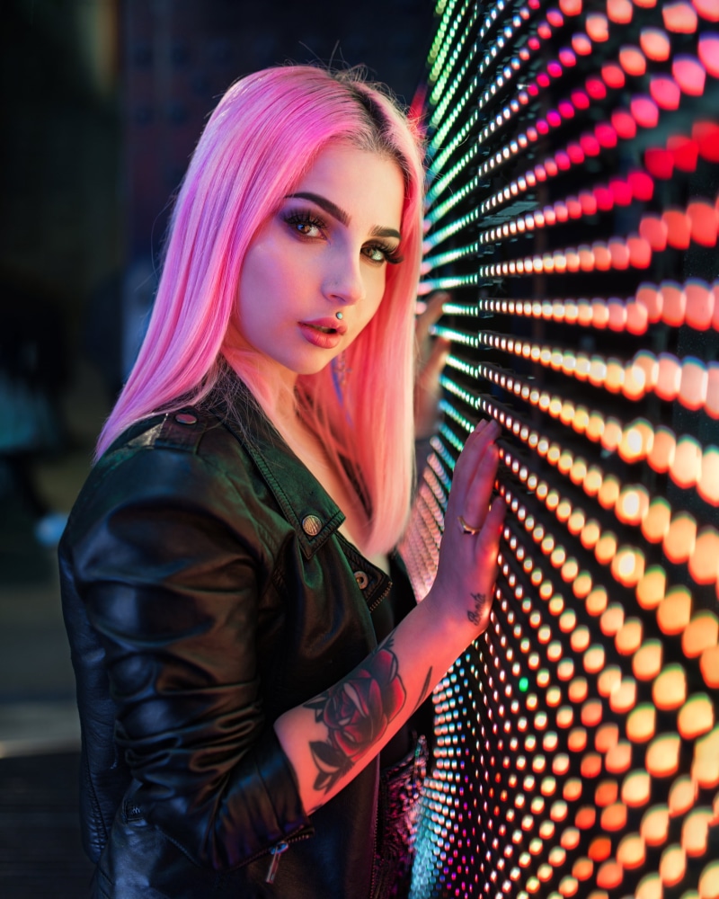 leather jackets, looking at viewer, straight hair, black jackets, Gustavo Terzaghi, pink lipstick, pink hair, LEDs, 4K, dyed hair, portrait display, jacket