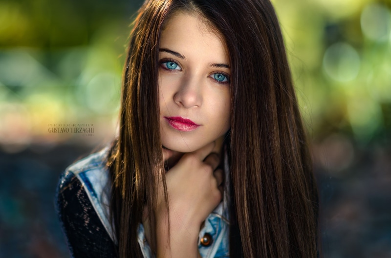 1080P, straight hair, jacket, model, face, looking at viewer, long hair, blue eyes, Gustavo Terzaghi, women, depth of field