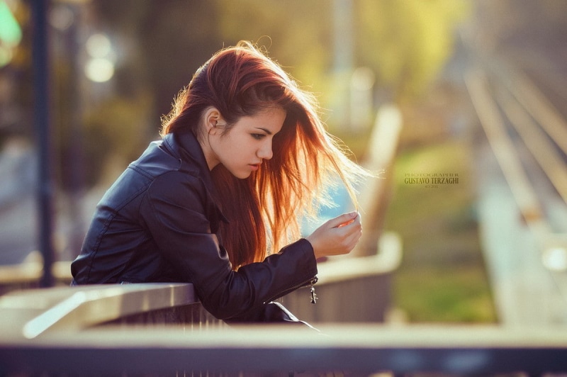 Gustavo Terzaghi, jacket, leather jackets, 480P, brunette, Delaia Gonzalez, women, touching hair, model, profile