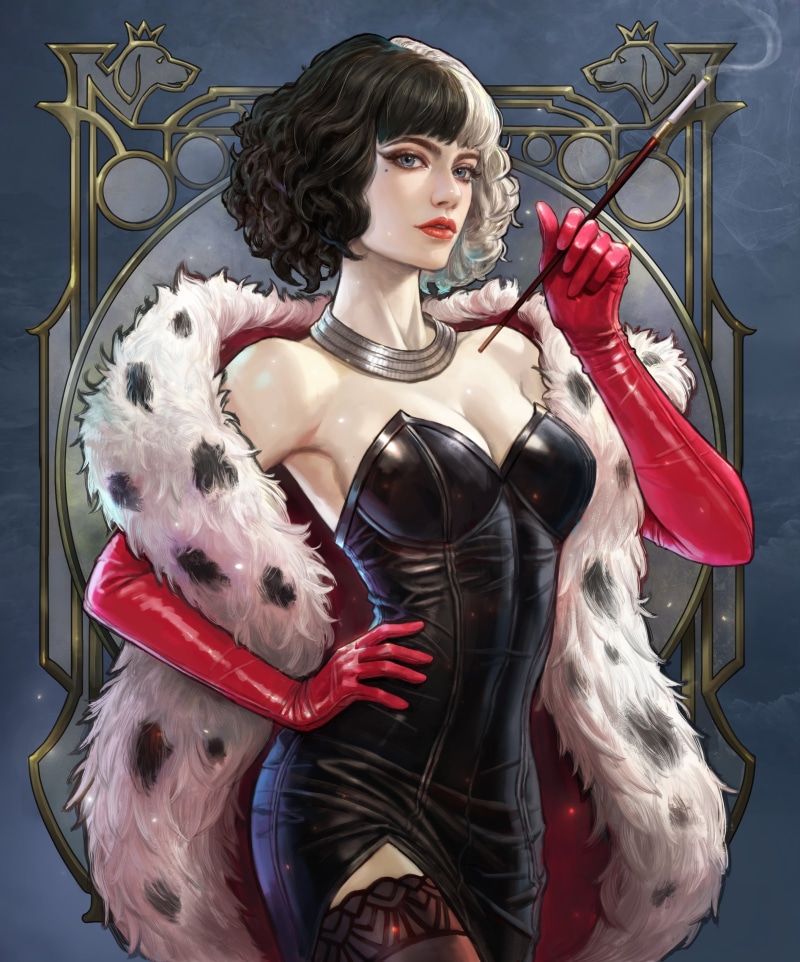 frame, black clothing, fur, drawing, Cruella de Vil, 2K, elbow gloves, dress, women, Kim Sung Hwan