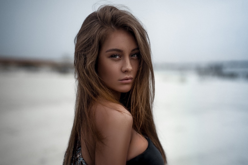 depth of field, women outdoors, freckles, brunette, long hair, 2K, looking over shoulder, straight hair, women, Olga Katysheva, portrait