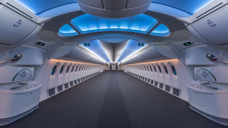 lighting equipment, commercial airplane, ceiling, Boeing, airplane, absence, in a row, interior, white, shape, white color, window, air vehicle, blue, illuminated