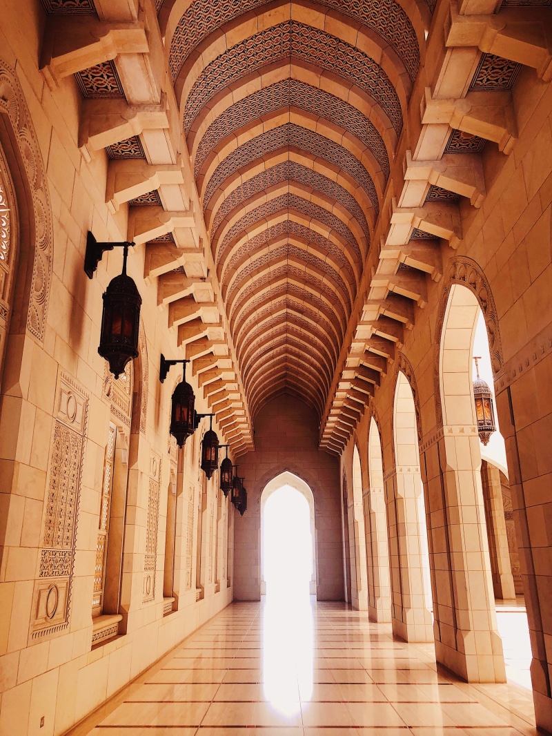 mosque, in a row, abu dhabi, the past, tourism, doha, arch, sunlight, lighting equipment, building, arcade, ceiling, oman, muscat, crypt, indoors, no people