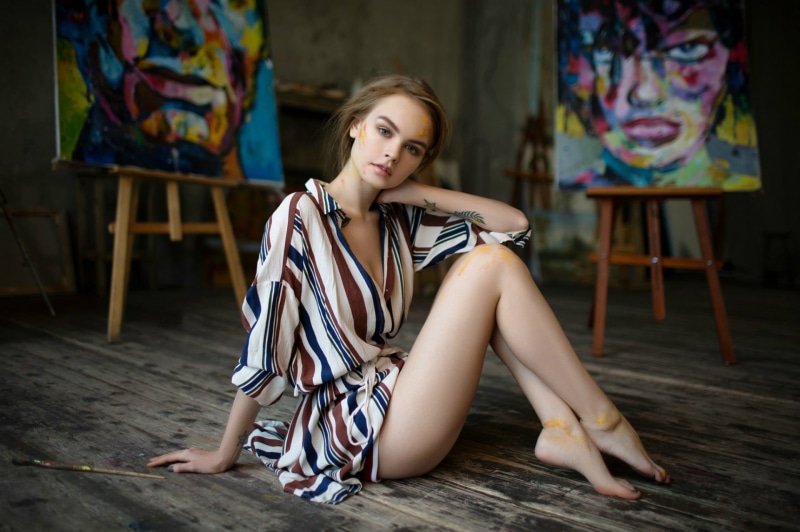 black, hair, plunge, white, art and craft, legs, Anastasia Shcheglova, sleeved, beautiful woman, long, young women, young adult, sitting, beauty, the beauty