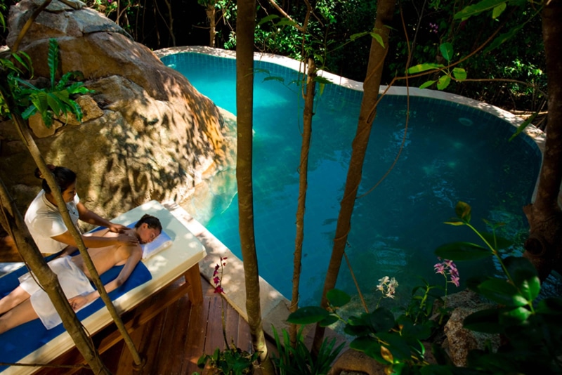 jungle, lush, white, paradise, jacuzzi, green, table, luxury, relax, forest, swimming, plunge, polynesia, 4K, trees, massage, spa, exotic