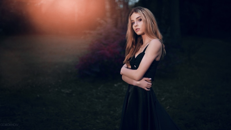 1080P, hair, brown eyes, young adult, hairstyle, s, arms on chest, model, long hair, blonde, arms crossed, black dress, adult, outdoors, clothing, Maryana Ro