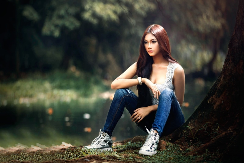 adolescence, beauty, sleeveless, beautiful woman, hair, tree, blue, fashion, portrait, nature, s, model, square, redhead, long hair, looking at camera