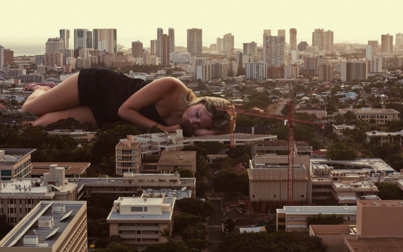 cityscape, architecture, black, residential district, built structure, sleeping, building, blonde, trees, day, cranes (machine), black dress, city, mini