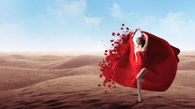 1080P, women, neckline, girl, red, dress, sweetheart, desert, girls, woman, 1920x1080, ballgown, blonde, s