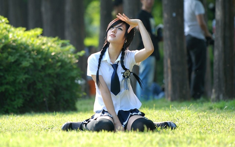 women outdoors, Asian, pigtails, sitting, brunette, 720P, schoolgirl uniform, twintails, women, Hwang Mi Hee, looking up, knee-highs