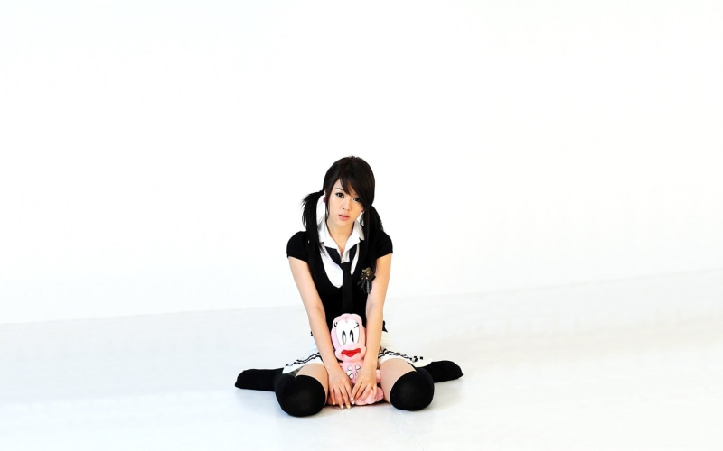 white background, copy space, looking at camera, school uniform, young women, sitting, leisure activity, indoors, portrait, hair, Asian, ponytail, model