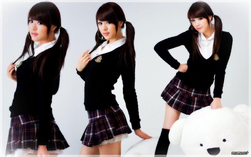 model, collage, women, school uniform, plaid, Asian, twintails, 1080P, Hwang Mi Hee, skirt