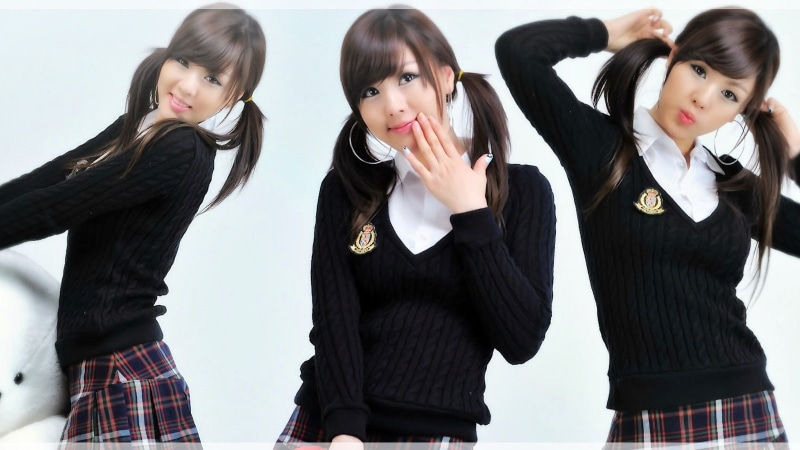 beautiful woman, School Uniform, girls, standing, looking at camera, hair, waist up, 720P, Asian, hairstyle, looking, group of people, collage, teenage girls