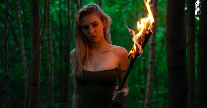 forest, bare shoulders, contemplation, portrait, strapless, burning, blonde, beautiful woman, nature, 2K, hairstyle, women, holding, beauty, s, torches
