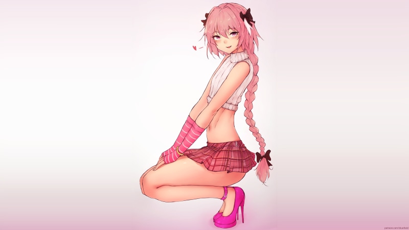 high heels, bluefield, braided hair, anime, anime boys, long hair, hair bows, bare midriff, pink hair, arm warmers, squatting, fan art, Fate Series, skirt