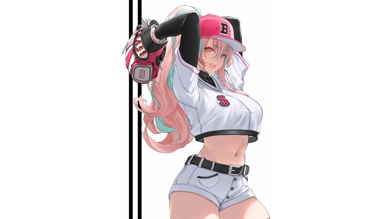 5K, bare midriff, belly, shorts, simple background, baseball glove, Azur Lane, women, navels, minimalism, T-shirt, white background, Bremerton (Azur Lane)