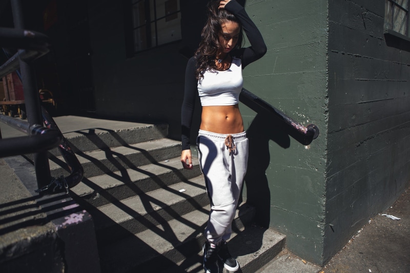 urban, belly, Justin Swain, arms up, T-shirt, skinny, hands in hair, Anna Monique, crop top, women, sneakers, 1080P, bare midriff