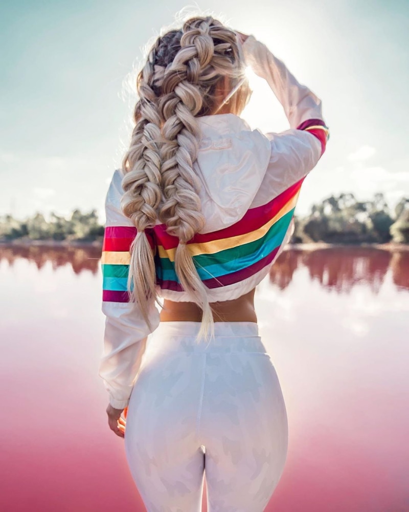 lake, standing, women outdoors, 720P, white clothing, earring, white jacket, sunlight, bokeh, blonde, natural light, jacket, water, women, touching hair