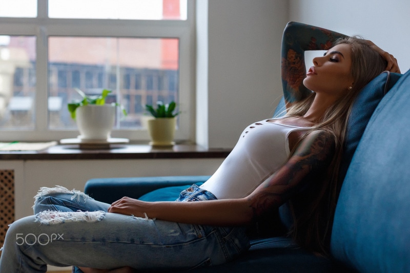 adult, contemplation, young adult, domestic life, tattoo, one person, three quarter length, home interior, portrait, window, pregnant, closed eyes, domestic room